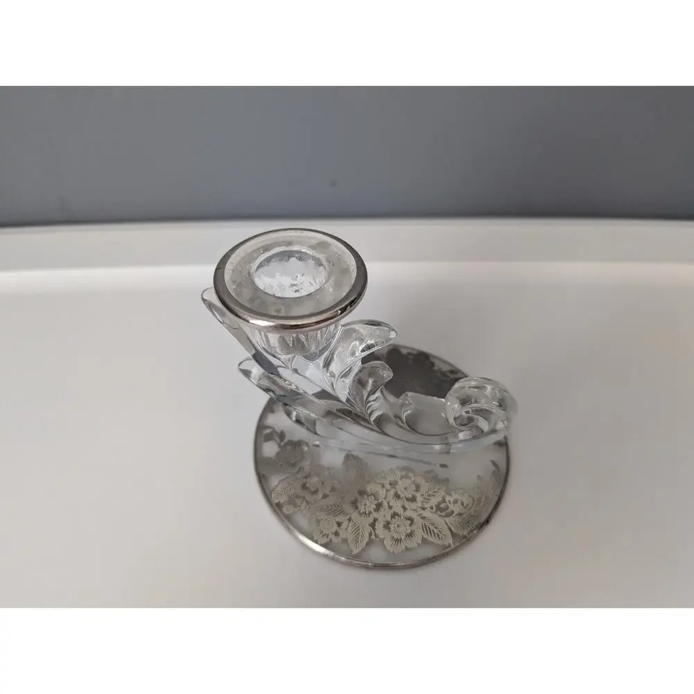 Vintage Fostoria Baroque Taper Candlestick Holder Floral Etched Base 1940's